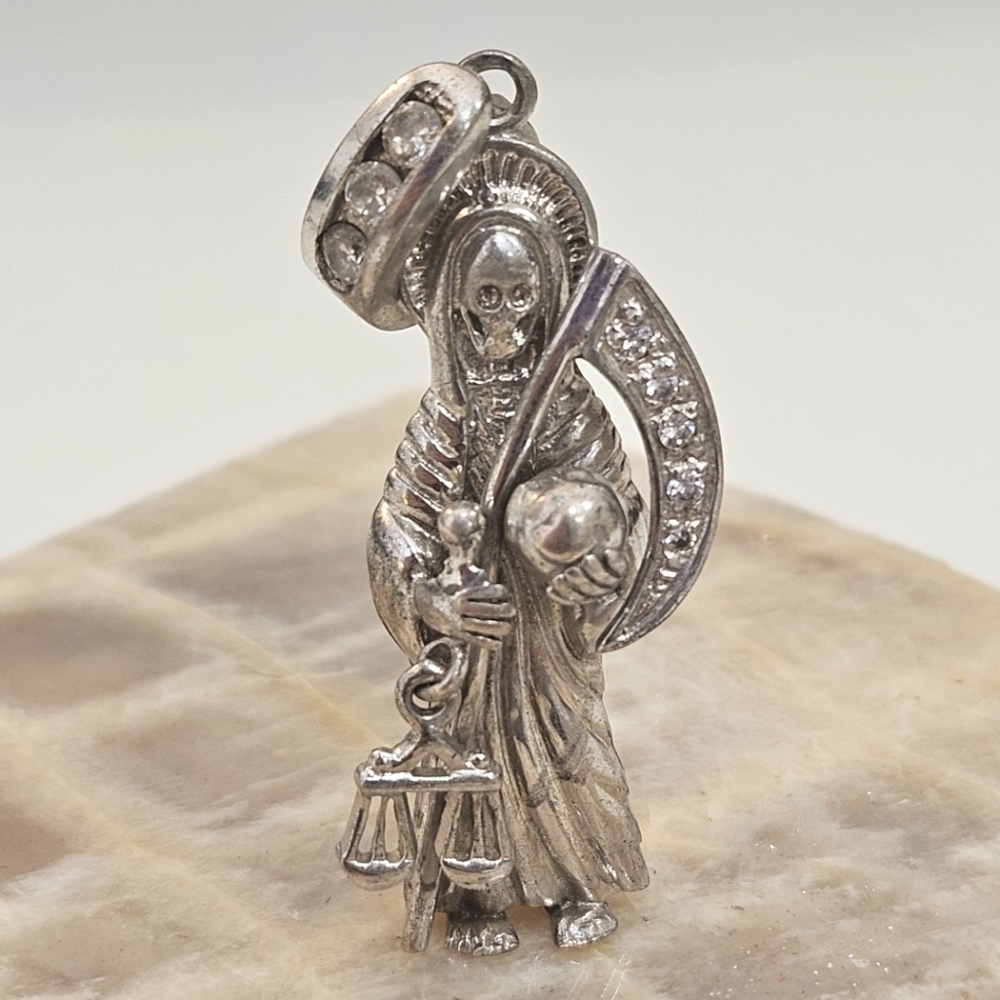 Santa Muerta Sterling Silver Dangling Scale CZ 925 Pendant 14 Grams